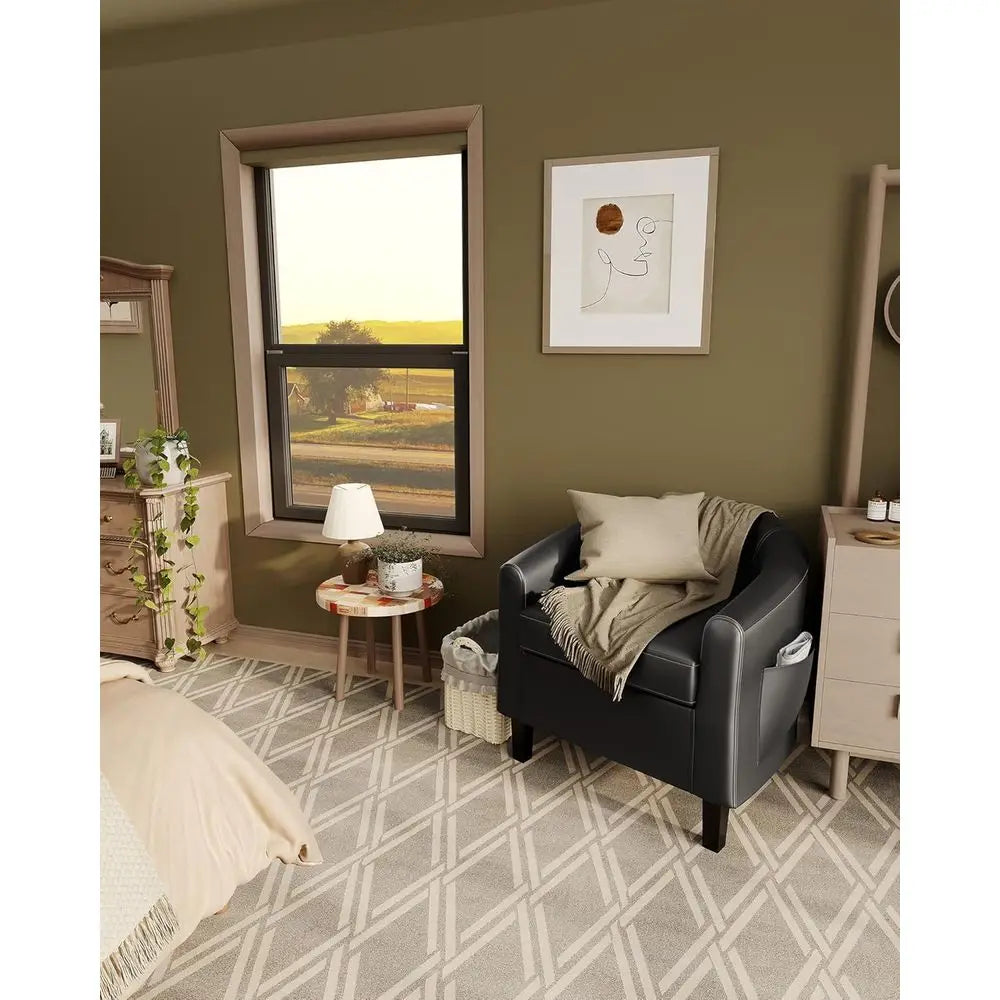 Leather-Clad Club Chairs with Padded Seats for Living Rooms, Bedrooms, and Waiting Areas in Black