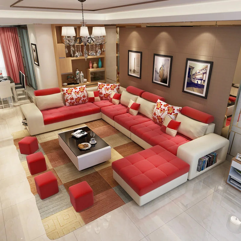 European Luxury Living Room Sofas 7 Seater U Shaped Home Furniture Wooden Fabric Armchair Corner Recliner Sectional  Sofa Set
