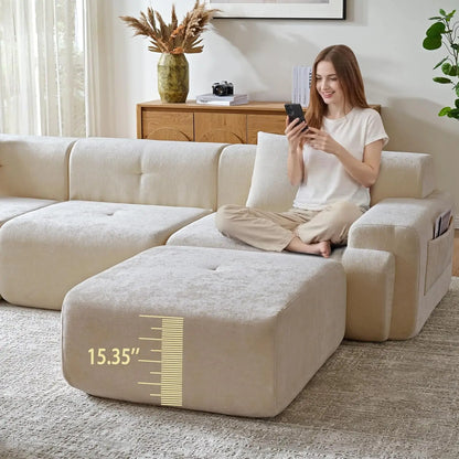 118" Modern L-Shaped Boneless Couch Modular Sectional Sofa for Living Room, Chenille Upholstery Beige, Oversized 3-Seater Sectio