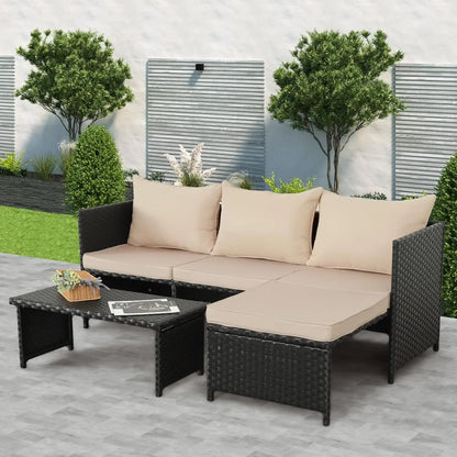 3-Piece Outdoor PE Rattan Furniture Set Patio Black Wicker Conversation Loveseat Sofa Sectional Couch Khaki Cushion