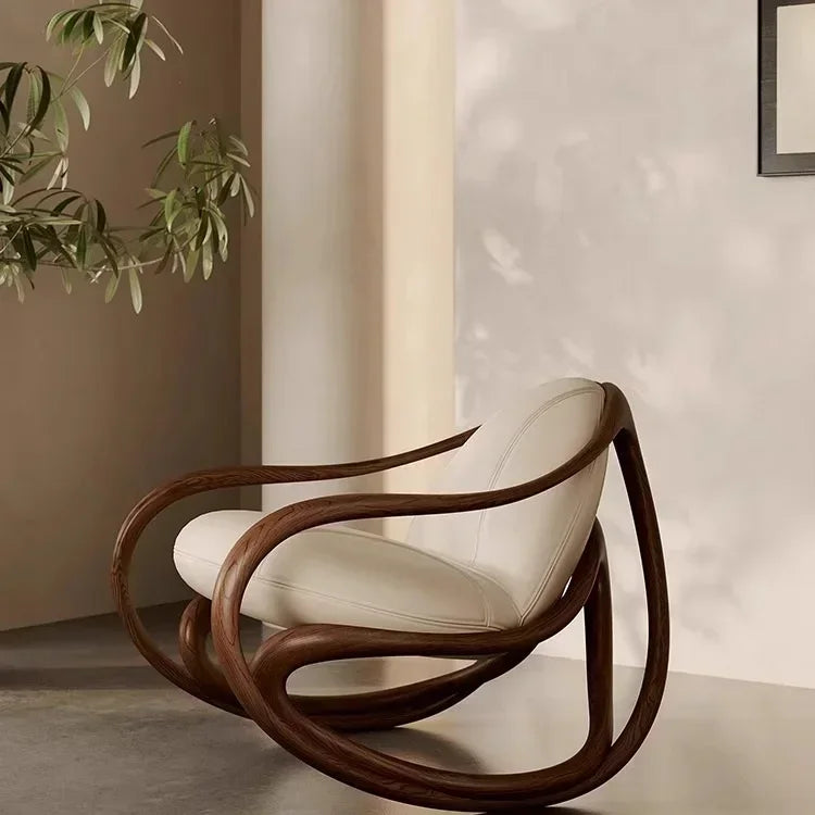 Italian leather sofa rocking chair solid wood black walnut balcony lazy lounge chair