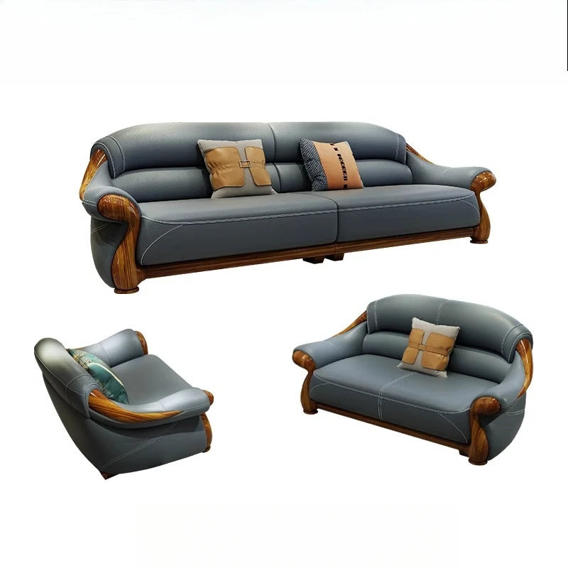 Solid wood sofa combination, first-layer cowhide sofa, ebony wood leather sofa