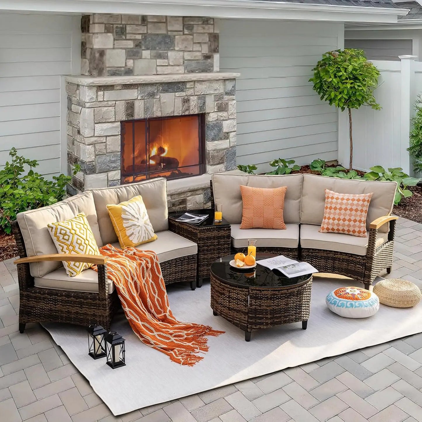 Multi-piece Outdoor Patio Furniture Sets, Half Moon Curving Part of The Sofa Rattan Patio Conversation Sets