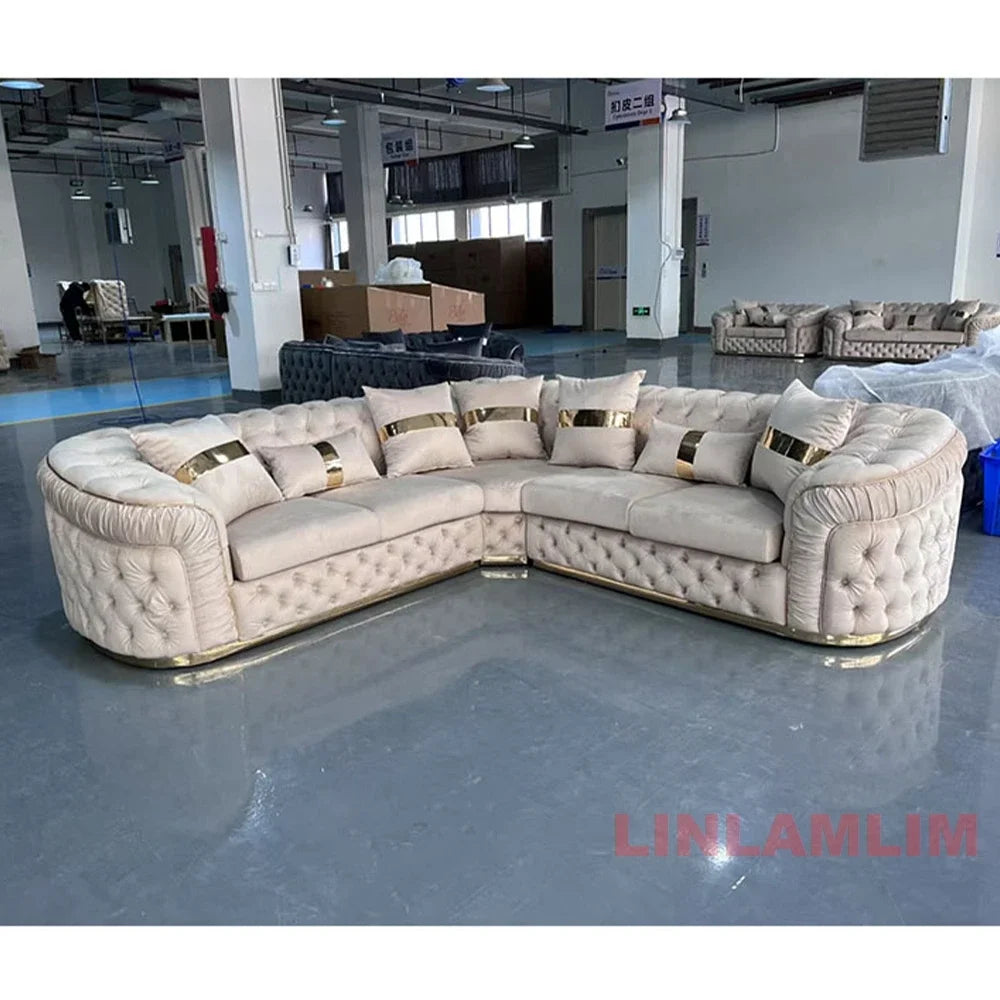 A Luxury Chesterfield Sectional Sofa Set With Cloth Buttons And Fabric Modular Couch With Gold Stainless Steel Base, 3-seater So