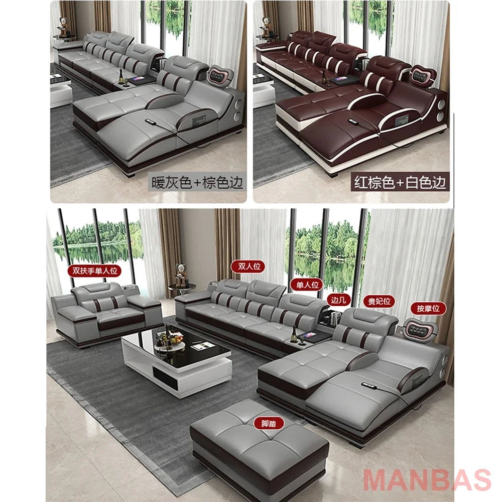Italy Genuine Leather Sectional Sofa with Bluetooth Speaker,Functional Headrest,Massage Chaise | L Shape Corner Couch