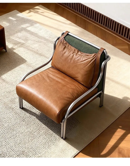 Mid-style leather single sofa lounge chair stainless steel brown leather art c hair