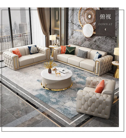 Cross-border Light Luxury Sofa Simple Modern Leather Sofa Italian Minimalist Villa Living Room Buckle Leather Sofa Combination