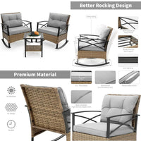 Grey 3-Piece Outdoor Wicker Rocking Chair Set with Cushions and Table for Patio Bistro