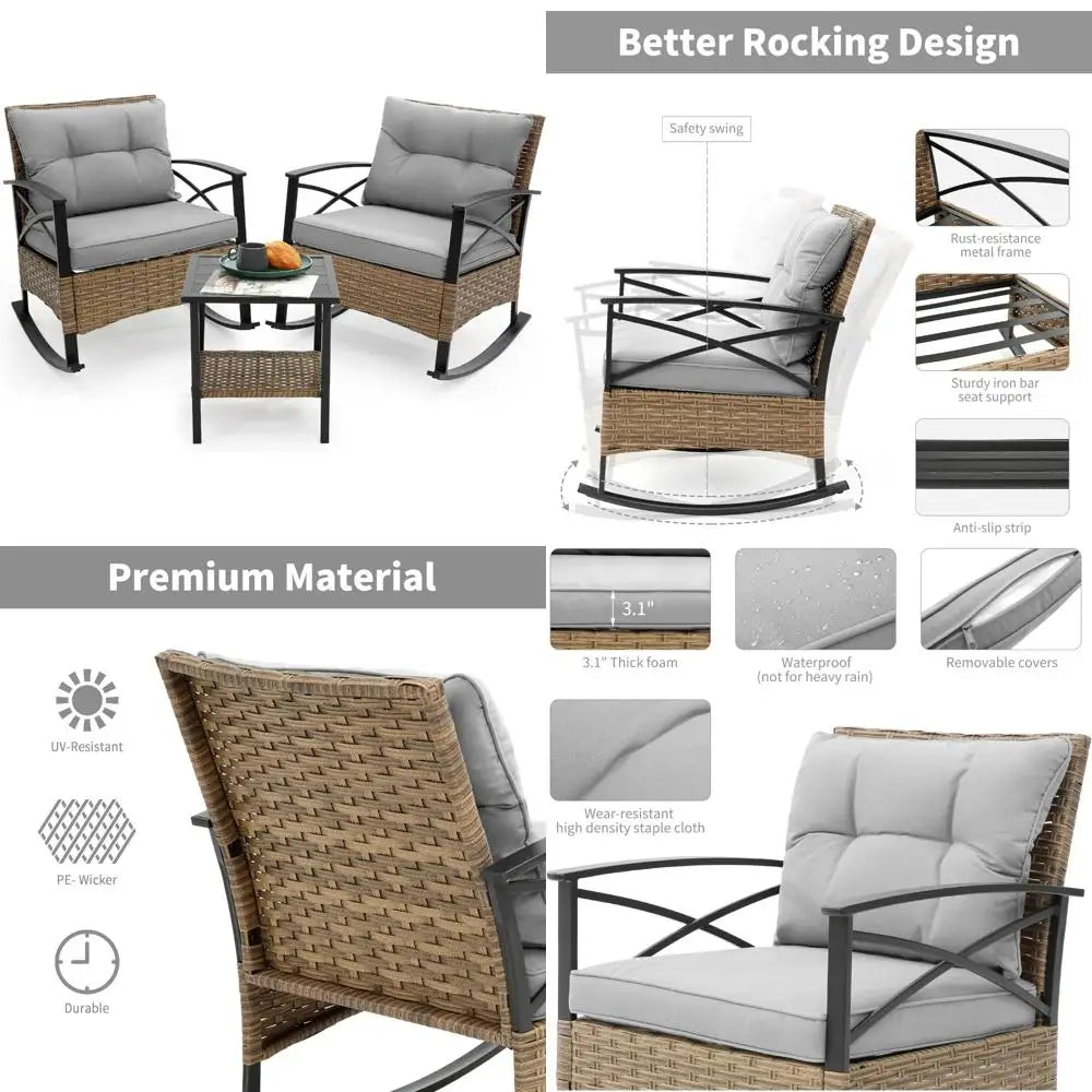 Grey 3-Piece Outdoor Wicker Rocking Chair Set with Cushions and Table for Patio Bistro