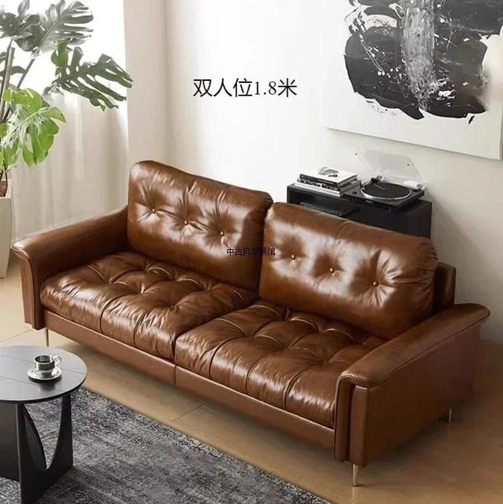 TTTTMedieval Oil Wax Leather Creative Sofa Living Room Retro Old Caramel Color Large Straight Row Sofa