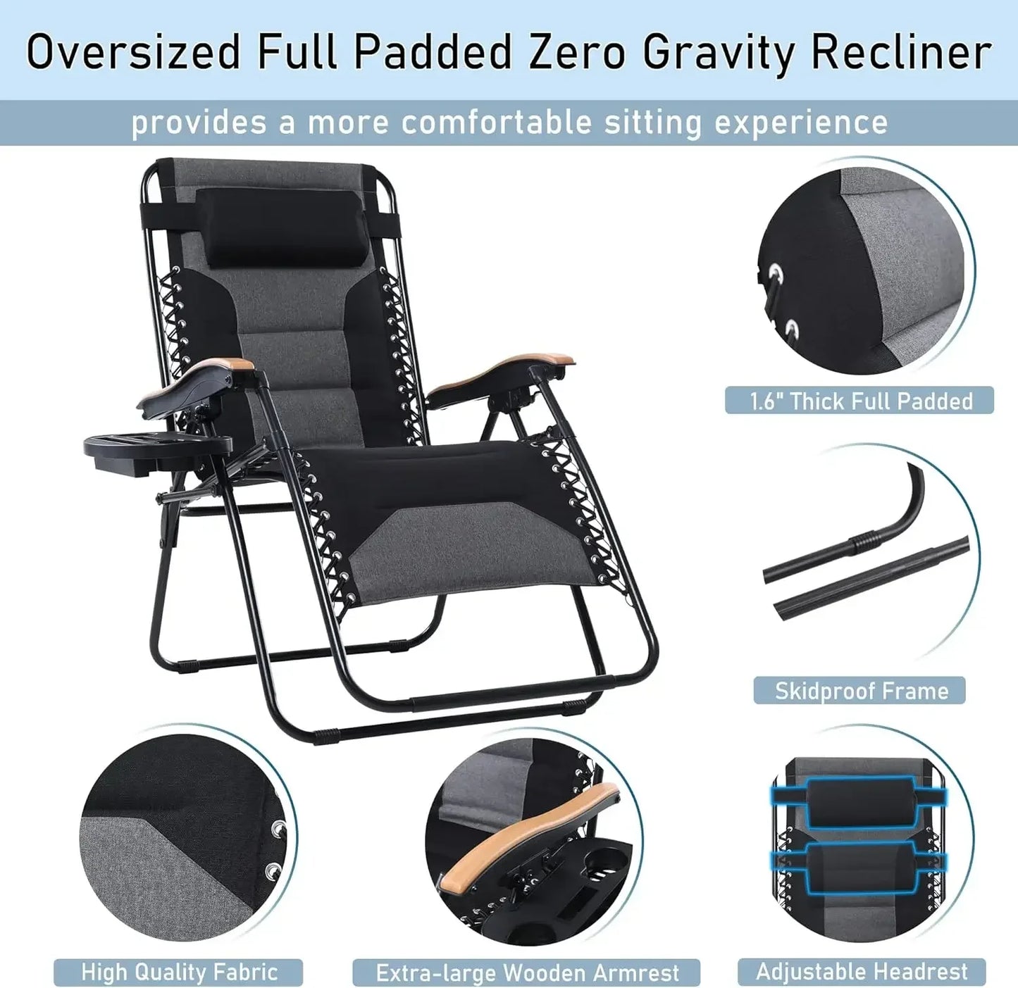 Foldable Patio Recliner, Oversized Padded Zero Gravity Chair, 30" Wide Seat Anti Gravity Lounger