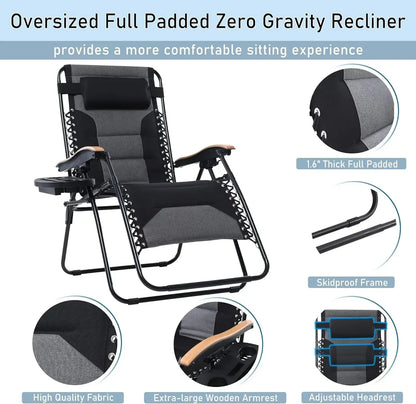 Foldable Patio Recliner, Oversized Padded Zero Gravity Chair, 30" Wide Seat Anti Gravity Lounger