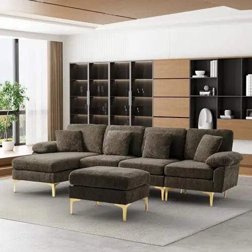U Shaped Sectional Sofa Couch Set for Living Room Convertible Velvet with Chaise Lounge Ottoman and Pillows