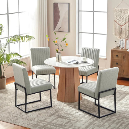 Upholstered Dining Chairs Set of 4, Modern Dining Room Chairs with Stripe, Linen Kitchen Chair Dinner Chair with Black Met