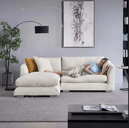 Modern Home Living Room Sofa Set White Linen Feather Cream Beige Fabric L Shaped Corner Modular Couches Sectional Sofa