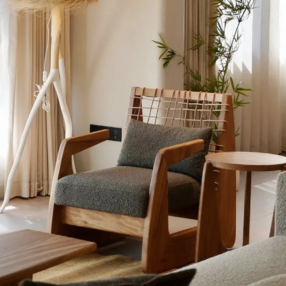 Medieval Style Solid Wood Rope Leisure Chair Retro Single Sofa Chair Wabi-sabi High-end Home Cafe Rattan Single Chair