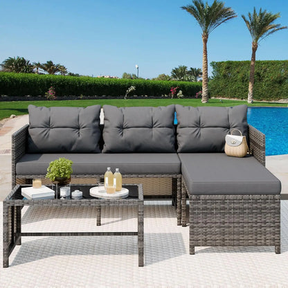 Vongrasig 3 Piece Patio Furniture Sets, All-Weather Wicker Outdoor Sofa Couch Sectional Set, Small Conversation Set for Patio, G
