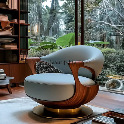 1PJ12New Chinese-style villa large flat-floor study leather walnut rotating ingot chair single sofa