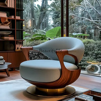 1PJ12New Chinese-style villa large flat-floor study leather walnut rotating ingot chair single sofa