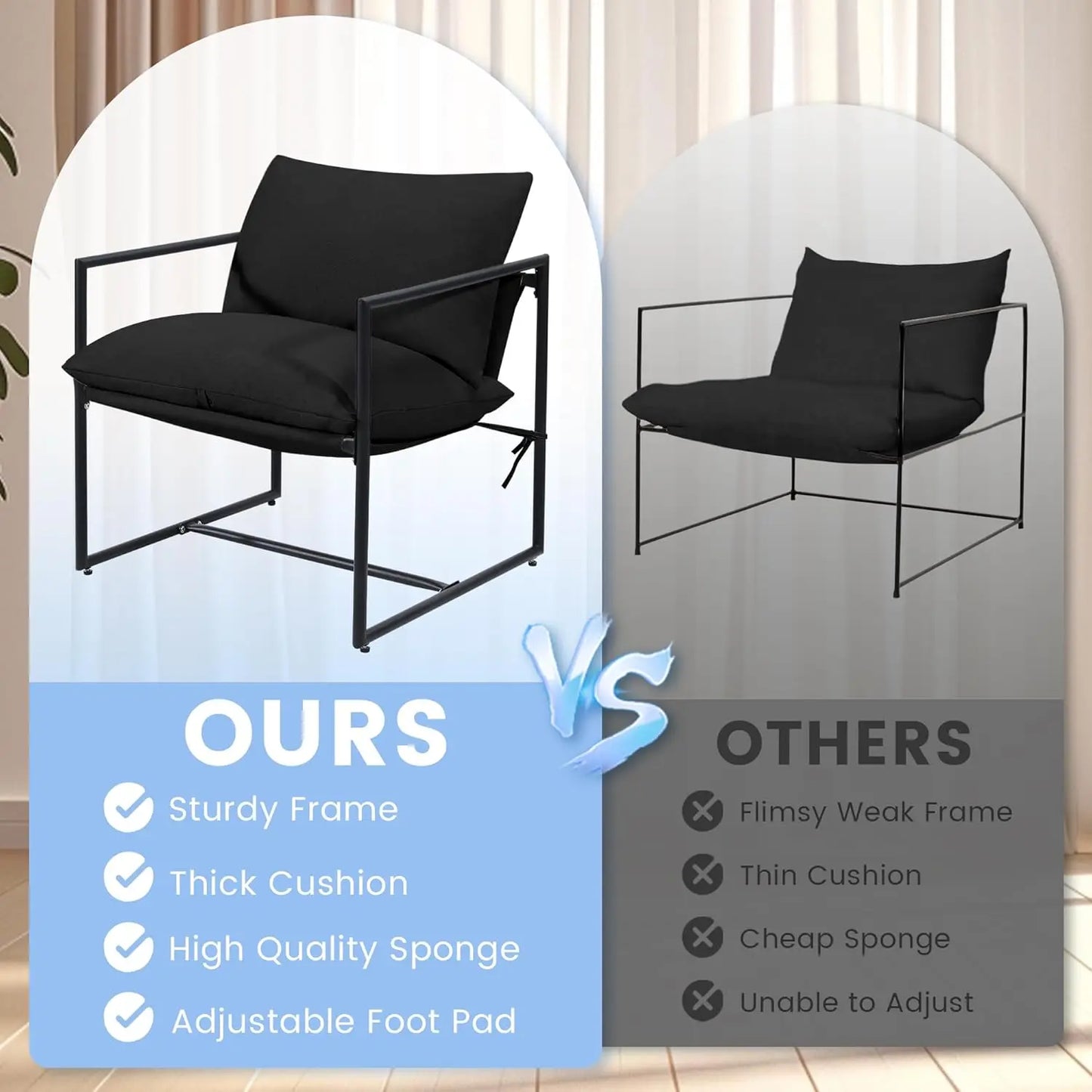 2,Cozy Living Room Chairs, Square Metal Frame, Upholstered Soft Cushion, Sponge, 27.6" x27.6“x32.3, Easy Assembly, Black