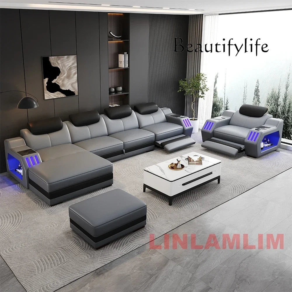 Modern L-Shaped Sectional Sofa Bed with Adjustable Headrests & LED Lights, Genuine Leather Recliner Couch with Storage & USB