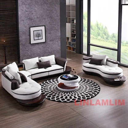 Modern Luxury Genuine Leather Sectional Sofa Set with Speaker and USB, U-Shaped Design Living Room Couch with Storage Shelves