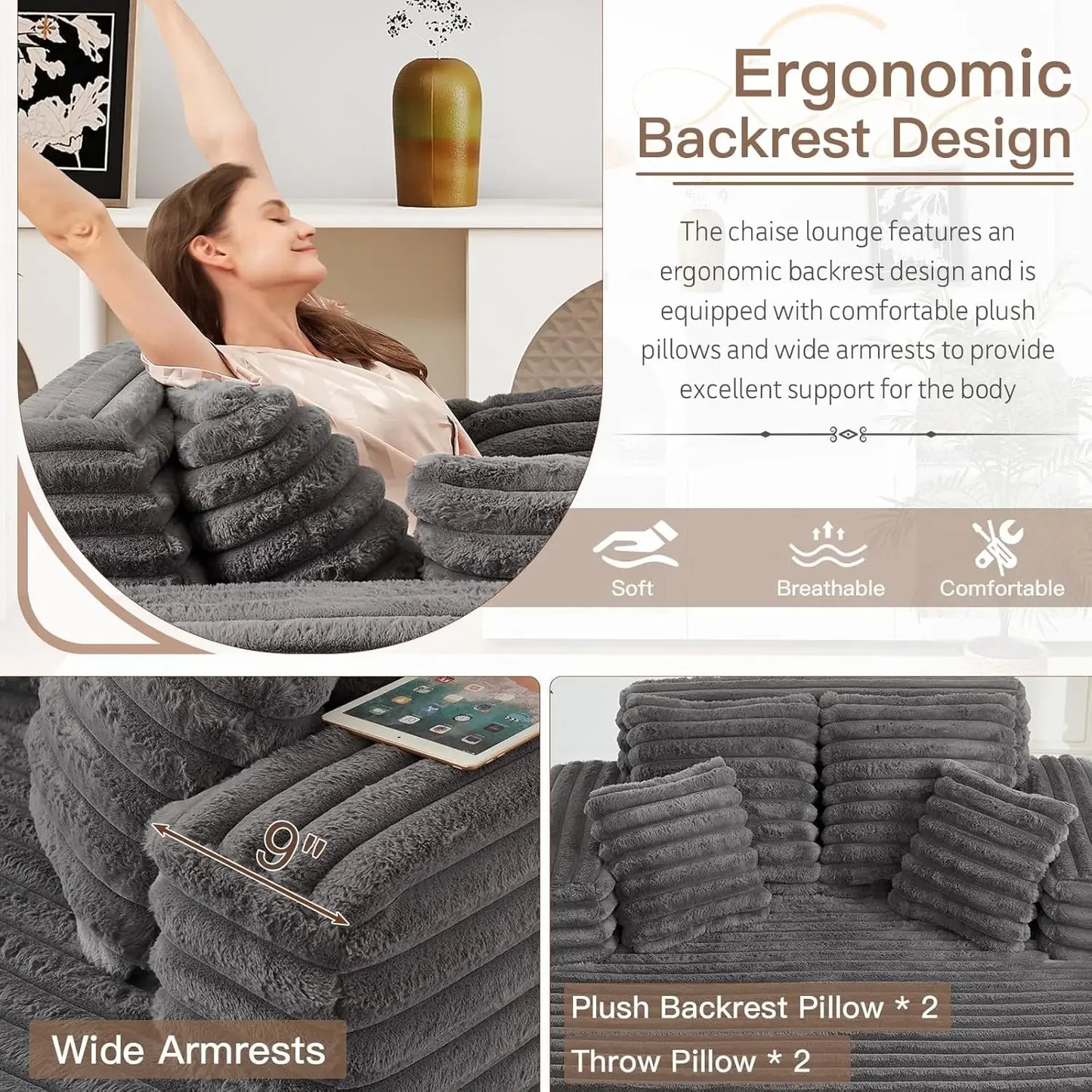 [Limited Stock!]56"W Oversized Chaise Lounge Chair Indoor,Plush Faux Fur Sleeper Sofa Couch Bed with Pillows&Wide Armrest,Fluffy