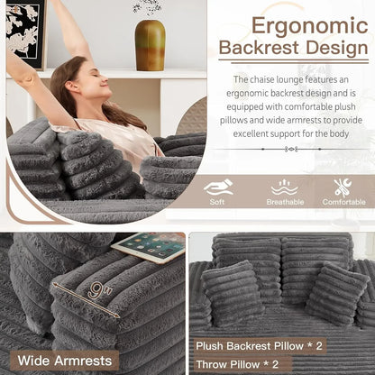 [Limited Stock!]56"W Oversized Chaise Lounge Chair Indoor,Plush Faux Fur Sleeper Sofa Couch Bed with Pillows&Wide Armrest,Fluffy