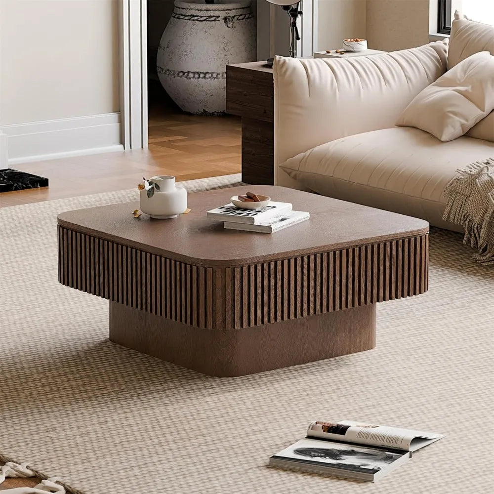 Square Coffee Table for Living Room,Fluted Drum Accent Tea Center Table with Storage,Solid Wood Modern Coffee Tables.