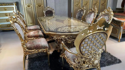 French Royal Baroque Dining Set — Hand-Carved Solid Wood Table with Upholstered Chairs, Luxury Gold for Villa/Hotel