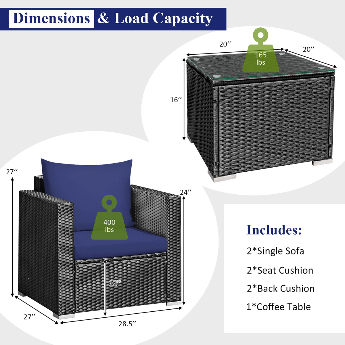 3PCS Patio Rattan Wicker Furniture Set Sofa Table W/Cushion Yard Navy