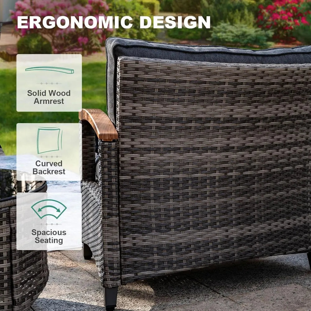 11 Piece Outdoor Patio Furniture Set, Half-Moon Curved Sectional Sofa Rattan Conversation Set with Wood Armrests, Co