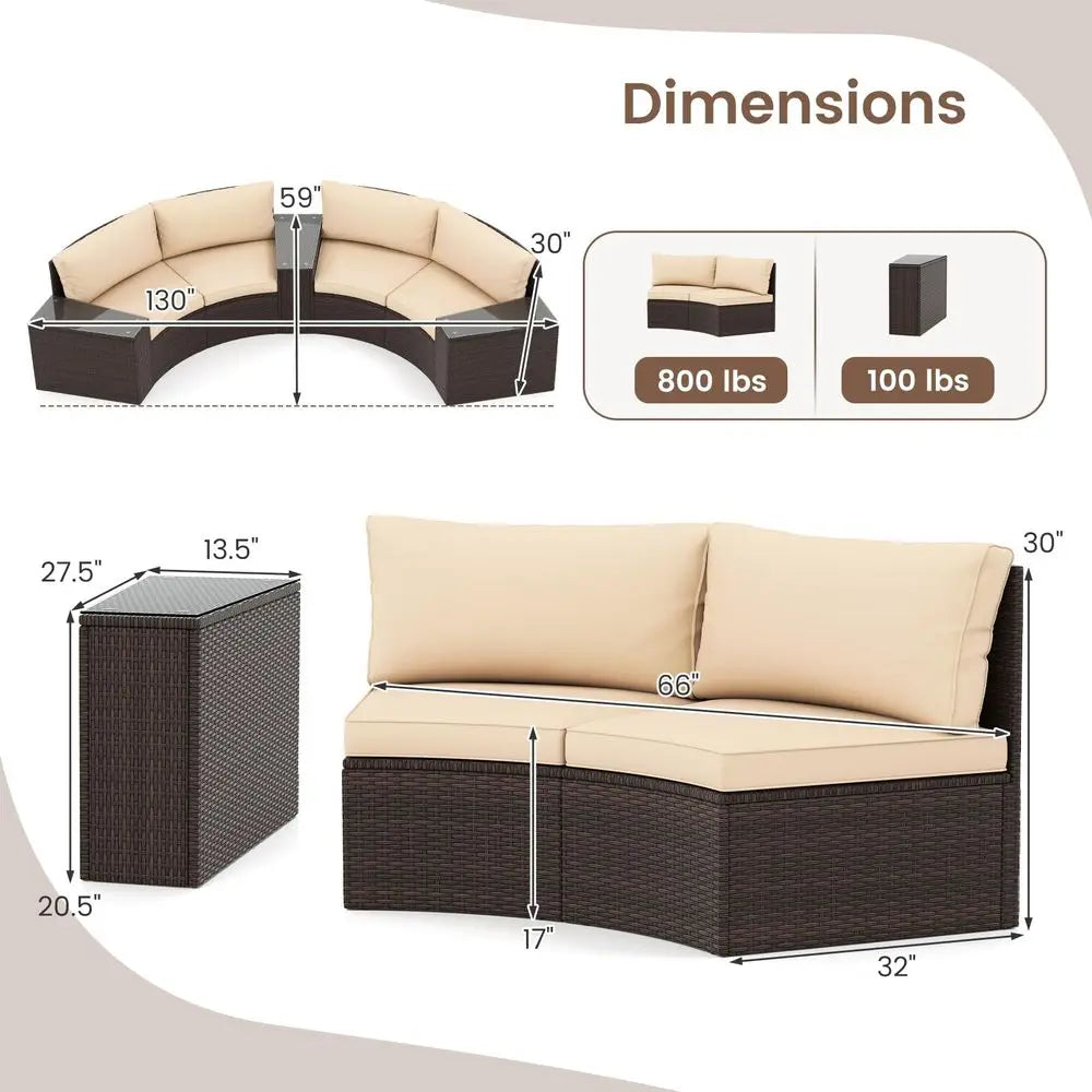 5 Pieces Patio Furniture Set, PE Rattan HalfMoon Curved Sectional Sofas with Tempered Glass Top Side Tables, Outdoor Conversati