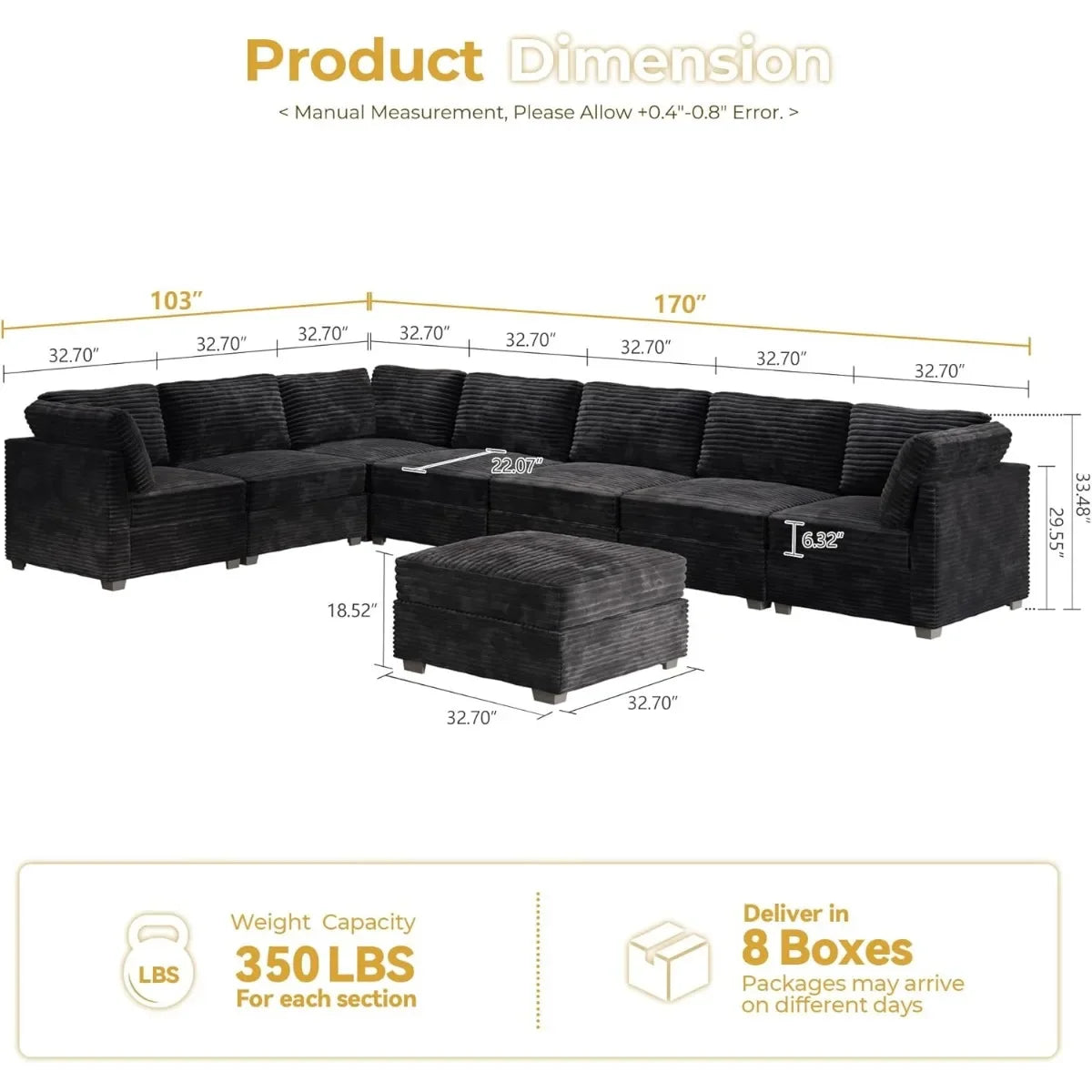 8-Piece L-Shaped Modular Sectional Sofa, Cloud Chaise and Ottoman, Black Velvet