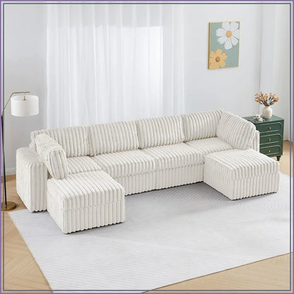 Modular U Shaped Sectional Sofa, 6-Seat Corduroy Couch with Storage, Reversible Chaise, Plush Faux Fur, White