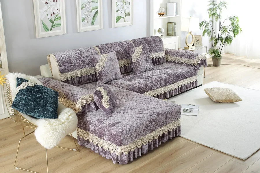 Embroidery Lace Sofa Cushion Gold Velvet Hemline Sofa Cover Autumn Winter European Couch Cover Solid Color Checkered Sofa Mat