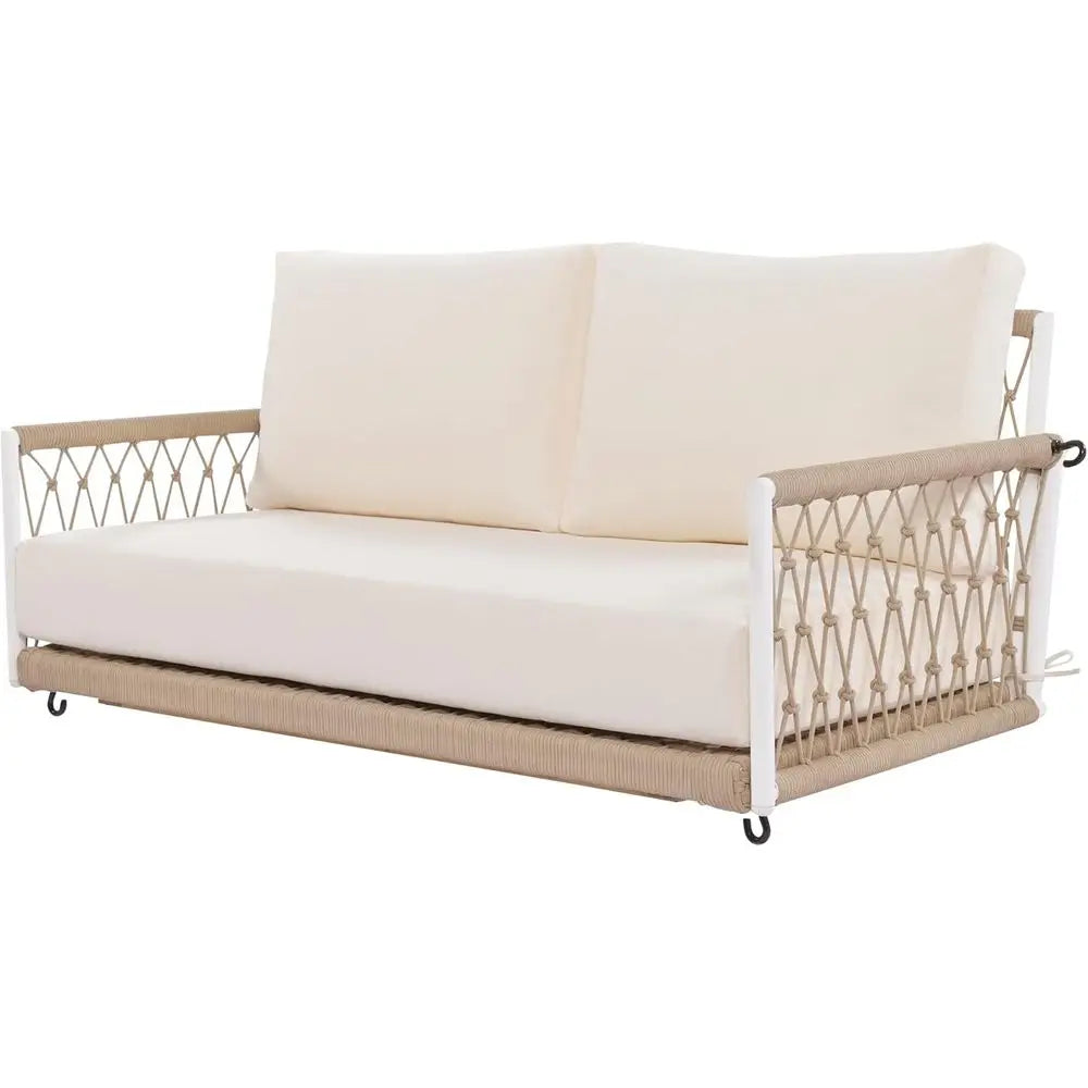 Beige 2-Person Porch Swing with Woven Rope and Soft Cushion for Patio or Garden