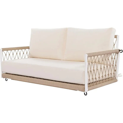 Beige 2-Person Porch Swing with Woven Rope and Soft Cushion for Patio or Garden
