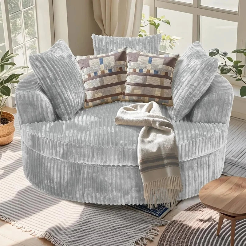 Oversized 59 Inch Indoor Chaise Lounge Chair, Round Corduroy Sofa Bed with Backrest and Throw Pillows
