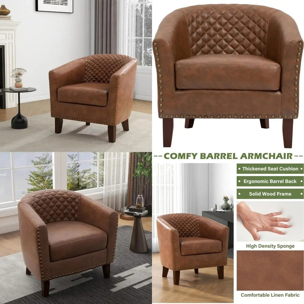 Modern Comfortable Faux Leather Armchair for Living Room and Bedroom, Stylish Barrel Club Chair with Upholstered Armrests for Re