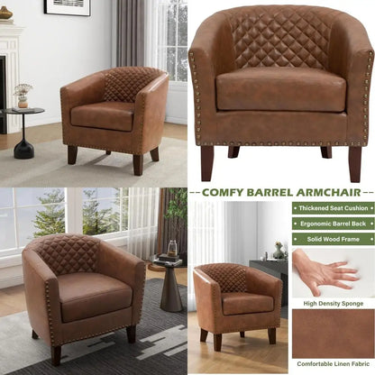Modern Comfortable Faux Leather Armchair for Living Room and Bedroom, Stylish Barrel Club Chair with Upholstered Armrests for Re