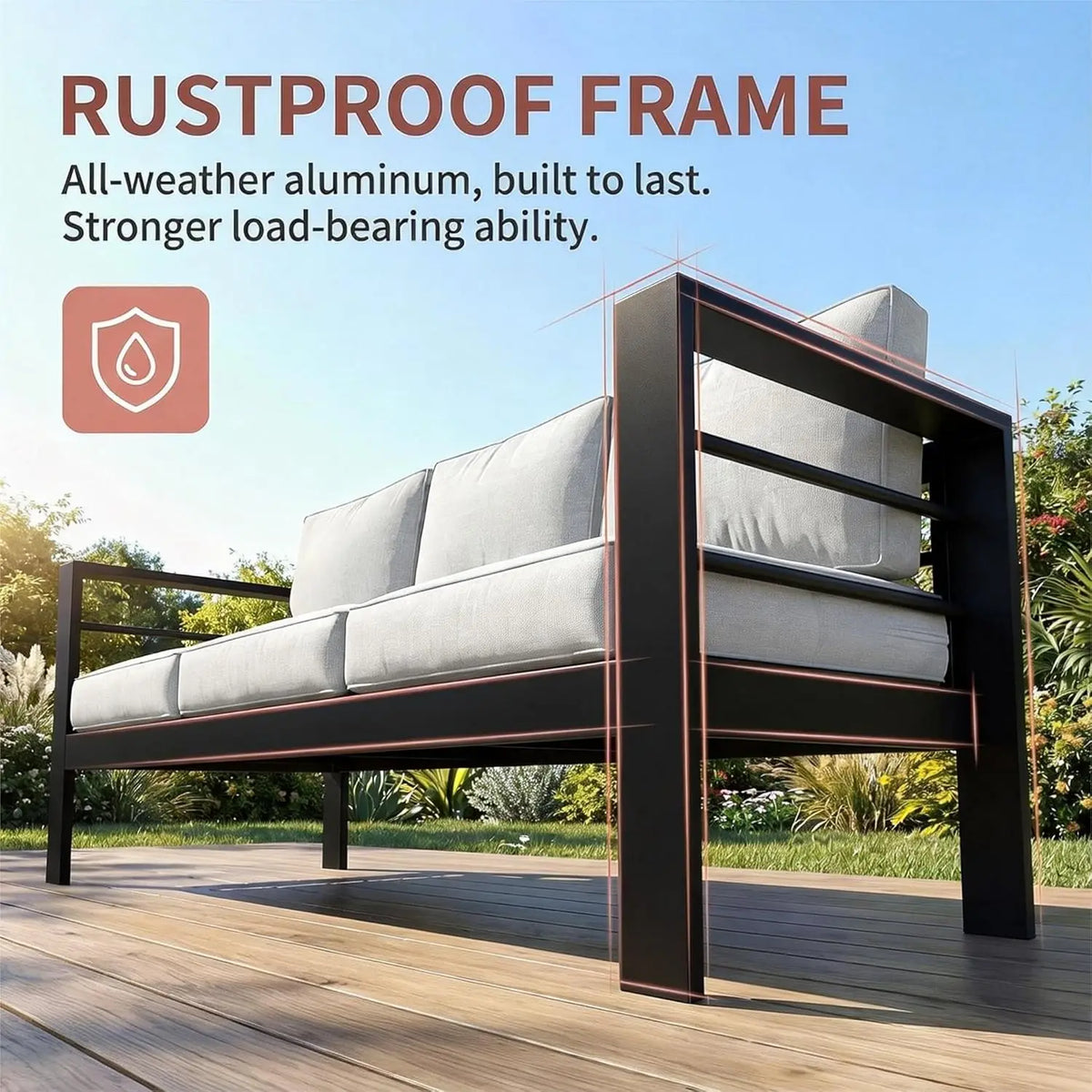 Outdoor Couch Aluminum Patio Furniture Sofa, 3 Seat All-Weather Metal Patio Couch With 5
