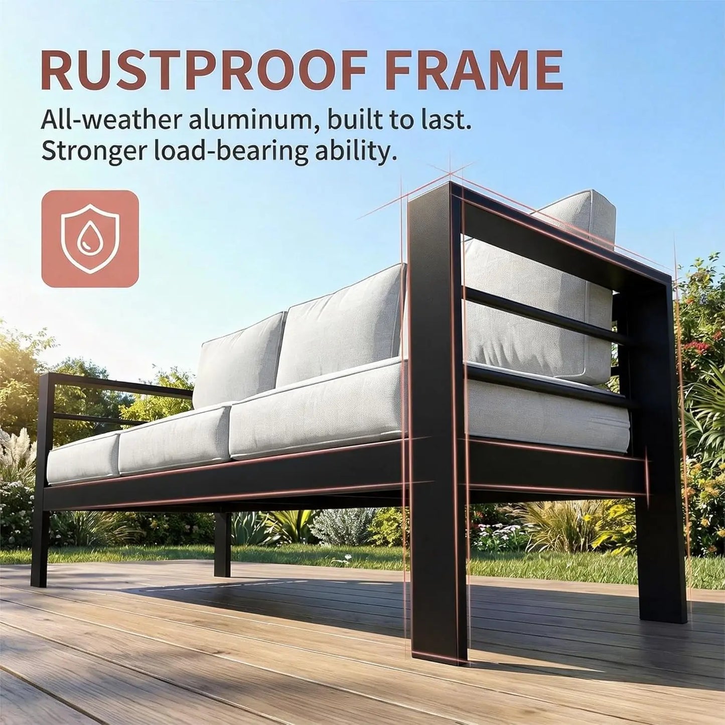 Outdoor Couch Aluminum Patio Furniture Sofa, 3 Seat All-Weather Metal Patio Couch With 5" Thick And Soft Cushion, Customized