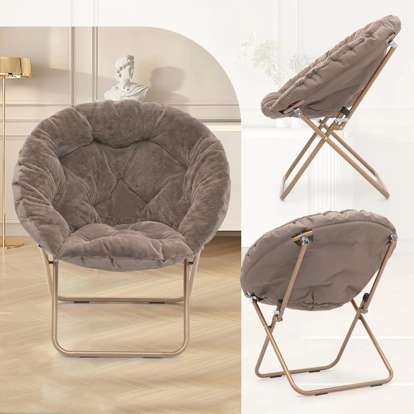 Comfy Saucer Chair Folding Faux Fur Accent Chair Metal Frame Bedroom Living Room Reading Moon Chair, Custom