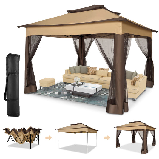 11x11 Pop up Gazebo on Clearance with Mosquito Netting&Sandbags, Outdoor Canopy Tent with 4 Ropes 8 Stakes&Portable Carrying Bag