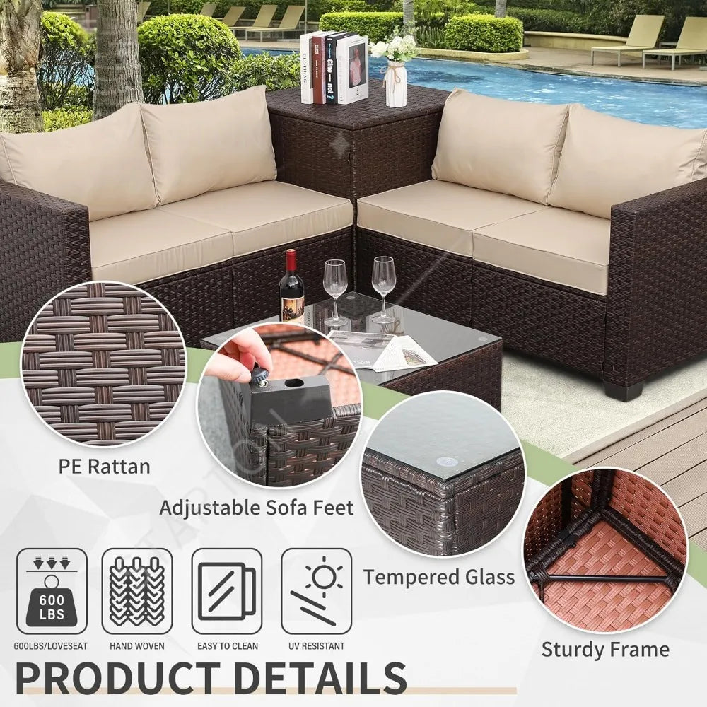 Outdoor Patio Furniture Set 4 Piece， Brown Rattan Sectional Sofa Couch PE Wicker Conversation Sets with Storage Box Glass Top Ta