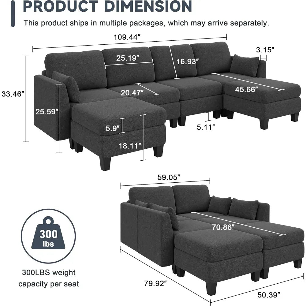 Modular Sectional Sofa, Convertible U Shaped Sofa Couch with High Density Memory Foam, 6 Seat Comfy Modular Sofa Couch for Livin