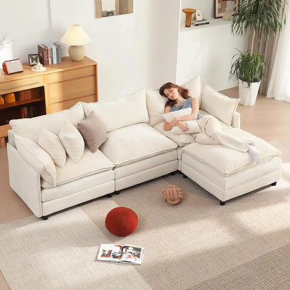 108" L-Shaped Chenille Cloud Sectional Sofa, Deep Seat Modular Couch with Movable Ottoman, Customized