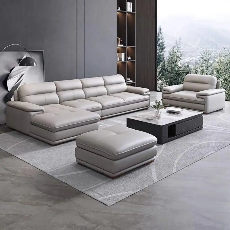 Modern minimalist leather sofa sized apartment living room three or four person cowhide sofa