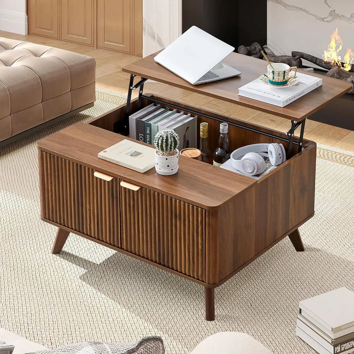 Wooden Fluted Lift Top Coffee Table with Hidden Compartment, Modern Rectangle Center Tables with Adjustable Storage Shelf, Lift